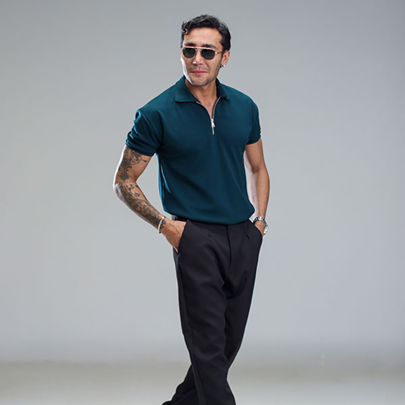 تیشرت مردانه یقه زیپ دار سبز مدل Arban