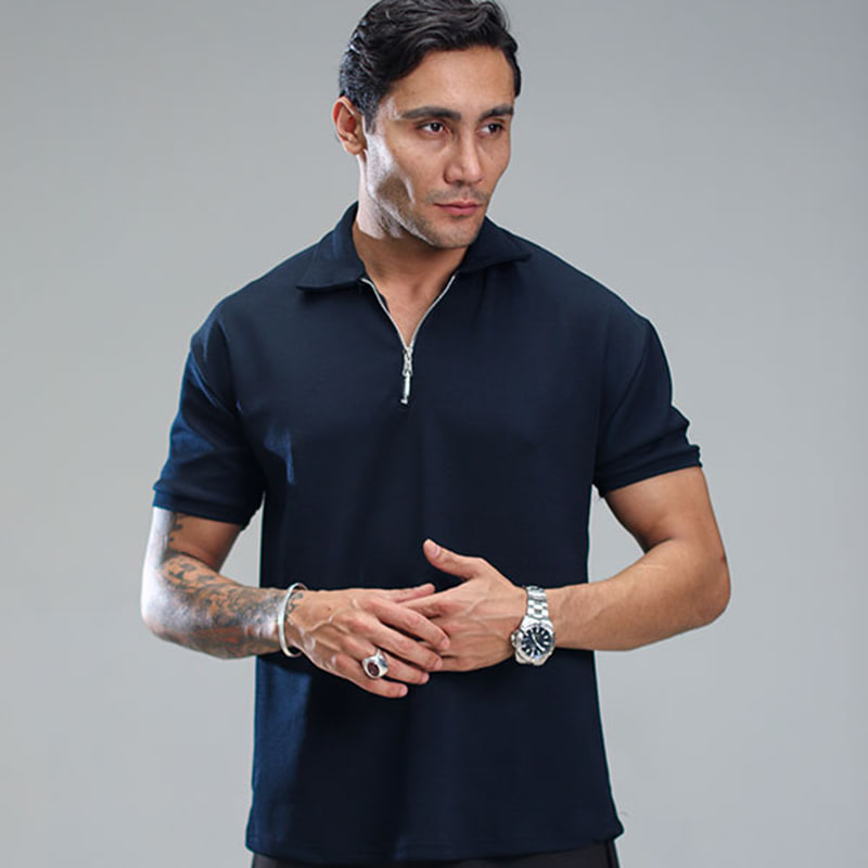 تیشرت مردانه یقه زیپ دار سرمه ای مدل Arban