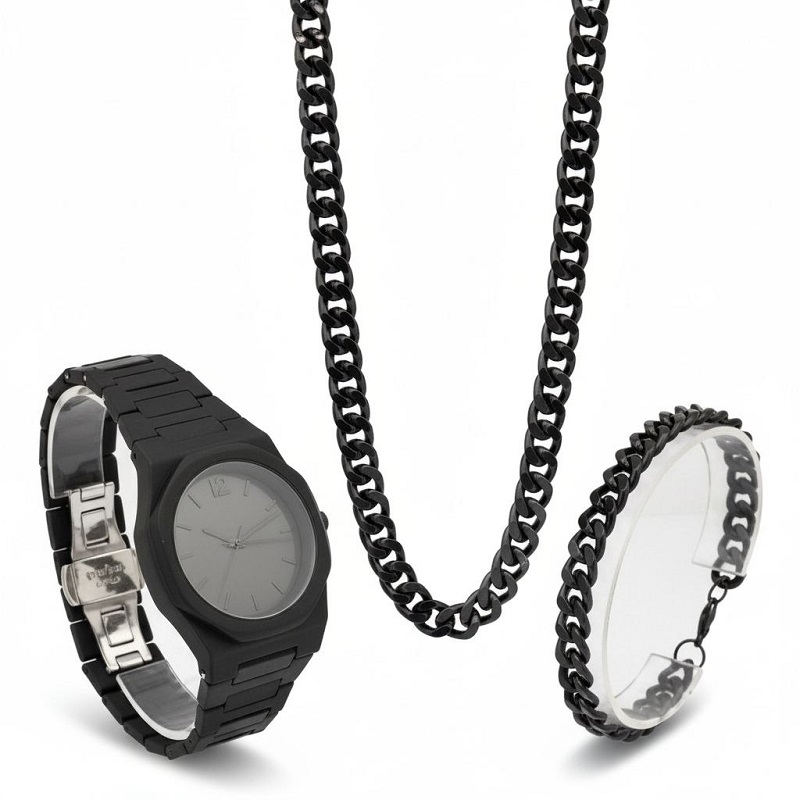 ست مردانه ساعت و دستبند و گردنبند solid black-مشکی